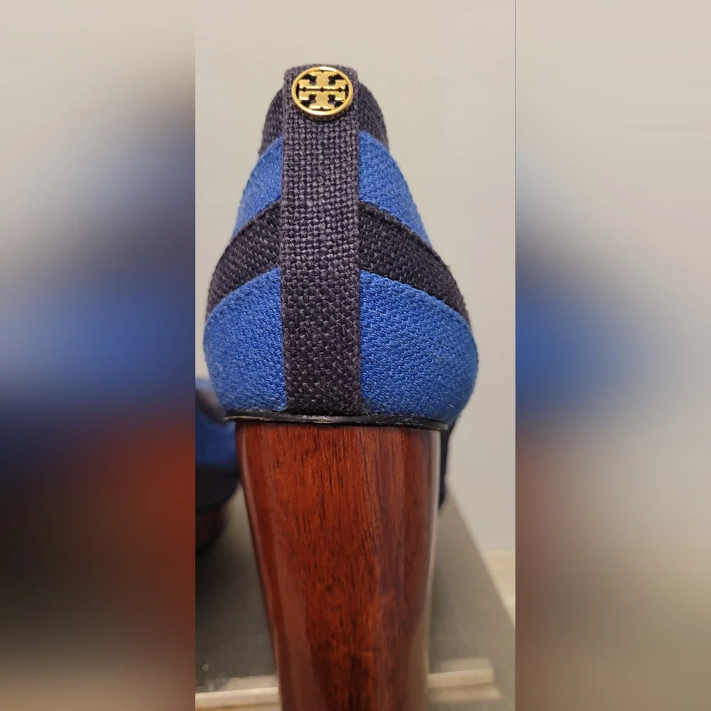 Tory Burch Black and Blue Wedges with Wooden Heel - Picture 8 of 9